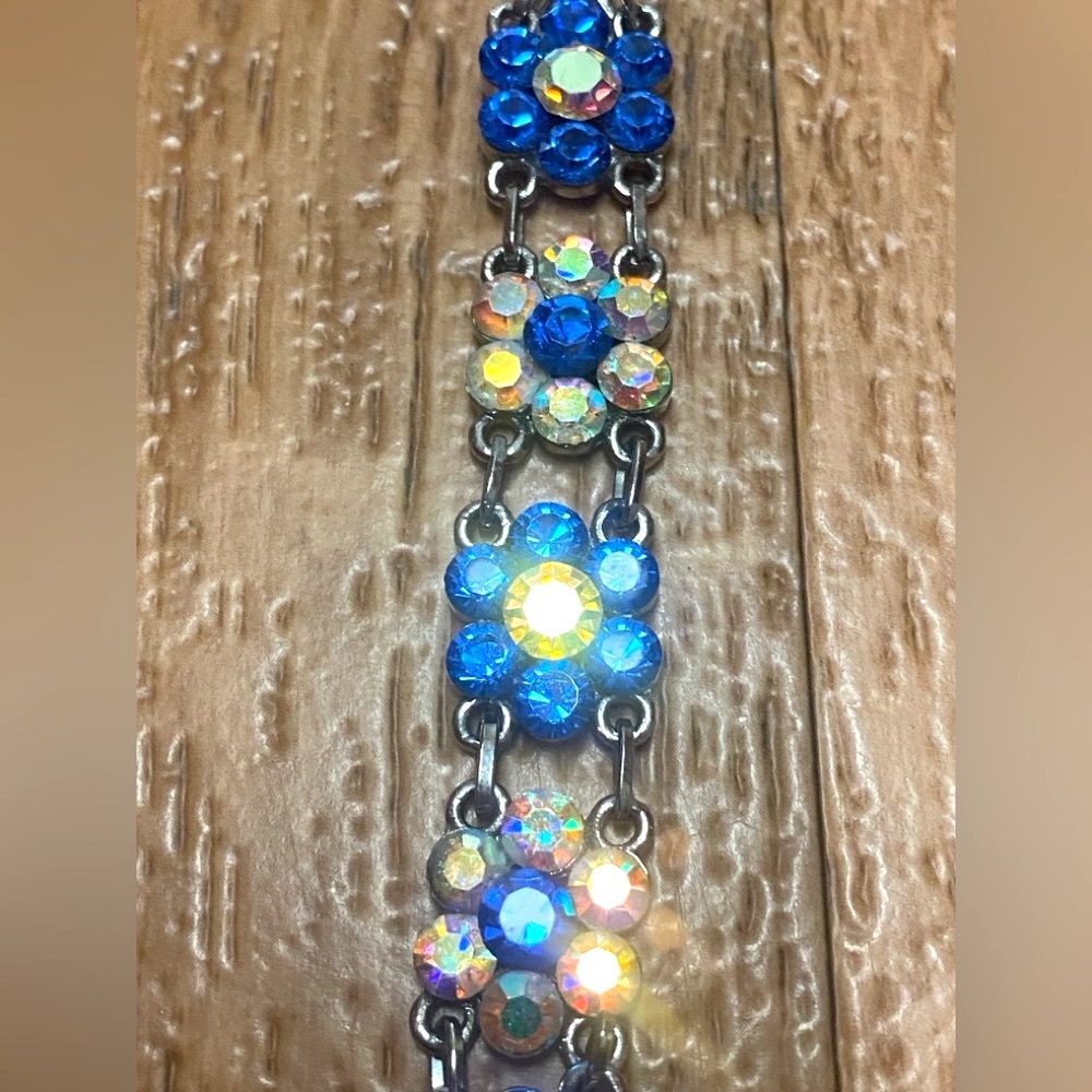 Hand Crafted Spring Floral Bag Charm With Blue & Aurora Borealis Rhinestones - Picture 6 of 7